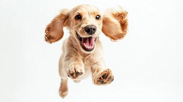 A playful puppy leaps with joy, its ears flapping and mouth open in a wide grin. Pure happiness is radiating from this golden canine. photo