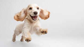A light-colored puppy is enthusiastically running and jumping toward the camera with its mouth open, appearing very joyful and playful. photo