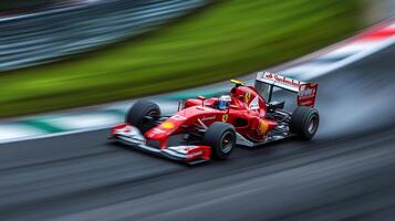 A vibrant red formula racecar speeds across the track with blurred motion effect, captured at eye-level during a competitive event. photo