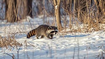A raccoon with distinctive ringed tail navigates a snowy forest floor in winter, creating a scene of nature's resilience. photo