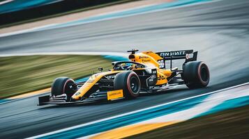 High-speed thrills on the race track as a formula car zooms by in a blur of color and speed. A dynamic display of racing prowess. photo