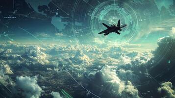 Advanced aerial view of a jet in the sky with a backdrop of clouds, enhanced with overlaid global network visualizations. photo