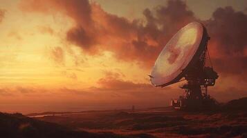 Golden sunset illuminating a large radio telescope against a fiery sky, conveying exploration and scientific discovery in a serene setting. photo