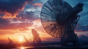 Stunning sunset over radio telescope array, silhouetted against a colorful sky. Capturing exploration, science, and natural beauty photo