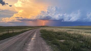 Rural road illuminated by a dramatic lightning strike under a vibrant sky. A powerful display of nature's energy in a serene setting. photo