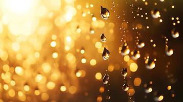 Golden bokeh highlights glistening raindrops, creating a beautiful and captivating abstract close-up with a warm, sunny ambiance. photo