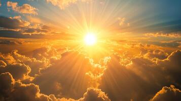 Majestic aerial view of sunlight breaking through the clouds, creating a heavenly spectacle. Sunlight filters through clouds to Earth. photo