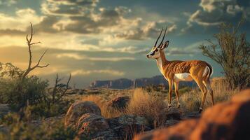 A striking antelope surveys the savanna landscape under a golden sky. Its elegance is highlighted by the soft, warm light. photo