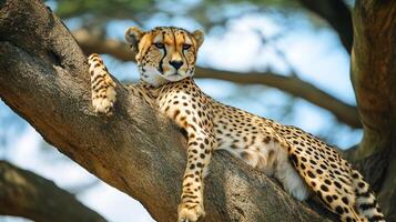 A cheetah lounges elegantly in a tree, its spotted coat blending with the branches under a bright sky, exuding serenity and power. photo