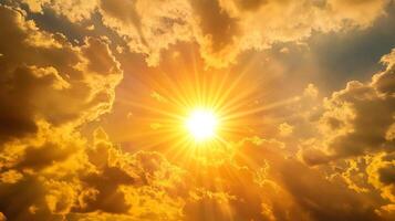 Radiant sun shining brilliantly through golden clouds, creating a stunning display of light and warmth in the vast, expansive sky. photo