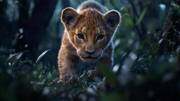 Focused lion cub explores through tall grass. The young animal has its eyes fixed on the viewer, curious and fearless in its adventure. photo