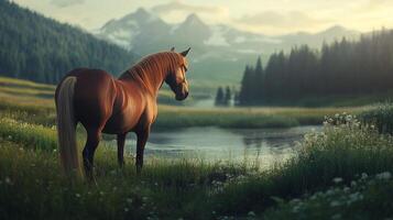 Majestic horse stands by a serene lake amidst mountainous scenery, its coat gleaming in the soft light of early morning. photo