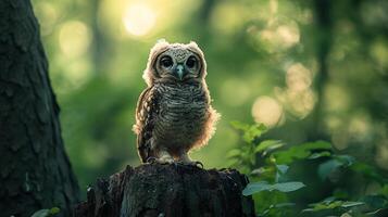 A young owl perched on a stump, gazing intently with wide eyes, in a lush, sun-dappled forest setting. Cute wildlife scene. photo