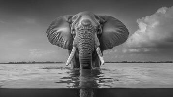 Majestic elephant emerges from the water, showcasing nature's raw beauty and power in monochrome. A stunning wildlife portrait. photo