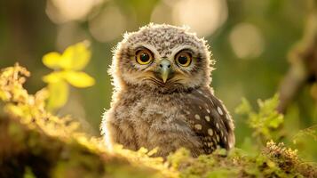 A juvenile owl with big, round eyes gazes intently from a mossy perch, bathed in gentle light of a soft, natural woodland setting. photo