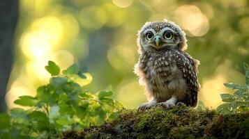Adorable owlet perches on mossy branch, wide-eyed and curious in a sun-dappled forest. Nature's tiny observer. photo