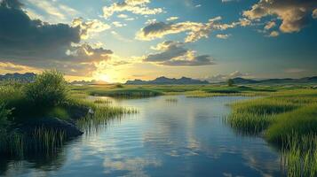 Tranquil sunset over a serene lake surrounded by lush green meadows, reflecting the peaceful sky and setting sun. Nature's beauty captured. photo
