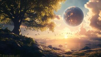 Idyllic landscape with a large tree overlooking a serene coastline, a radiant sunset, and a colossal planet dominating the sky. photo