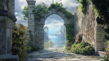 Seaside view through a stone archway overgrown with plants, leading to a gated path overlooking ocean and cliffs under cloudy skies. photo