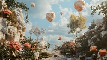 Whimsical landscape with floating hot air balloons amidst rocky formations and lush flora against a cloudy sky, evoking a dreamlike serenity. photo