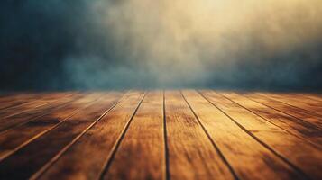 An evocative image of a wooden floor stretching into a softly lit, smoky distance, creating a sense of mystery and spaciousness. photo
