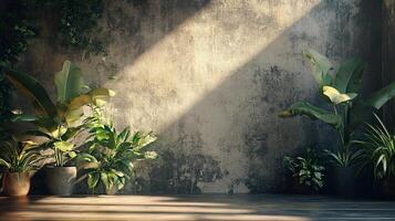 Indoor plants in pots bask in a sunlit room with a textured wall, creating a serene and inviting atmosphere for relaxation. photo
