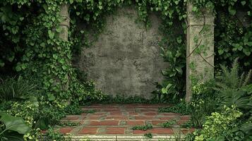Overgrown stone pathway with vines and plants, creates a serene and natural scene. photo