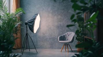 Photography studio setup with softbox lighting, chair, and plants. Ideal for portraits or product shots in a natural setting. photo