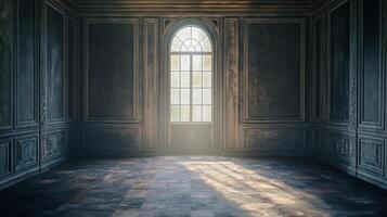 An empty room with patterned dark walls and a large window that casts light on the floor. An abandoned room waiting for a purpose. photo