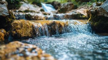 A tranquil cascade flows over mossy rocks in a refreshing mountain stream, sunlight glinting off the surface of clear, flowing water. photo
