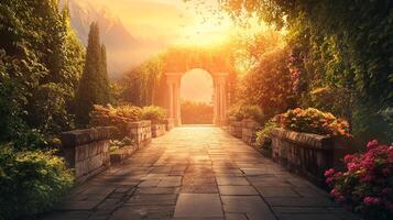 Pathway through a beautiful garden with lush greenery and sunlight shining through an archway, birds flying in the distance. photo