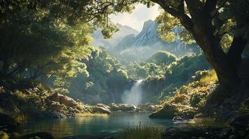 Lush green forest with a serene waterfall flowing into a tranquil pond, nestled among rocky terrain and framed by ancient trees. photo