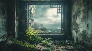 Overgrown ruins reveal a broken window overlooking a seascape, blending nature's renewal with urban decay under a dramatic sky. photo