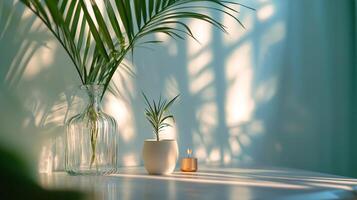 Still life with plants, candle, and shadows creating a serene and tranquil atmosphere. Evokes a sense of peace and natural elegance. photo