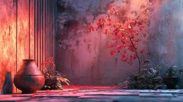 Red-hued zen garden scene with a small tree in bloom, aged walls, and moody lighting creates a tranquil atmosphere. photo