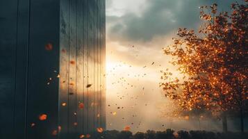 Autumnal scene with falling leaves against a modern structure at sunset, evoking serenity and the transient beauty of fall. photo