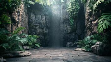 Lush jungle scene with a gentle waterfall cascading down a rocky cliff, creating a serene and natural oasis. Tranquil stone pathway. photo