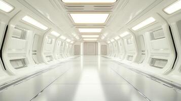 Futuristic, clean, and bright, this hallway with its white walls and illuminated panels creates a sense of sleek modernity and advanced technology. photo