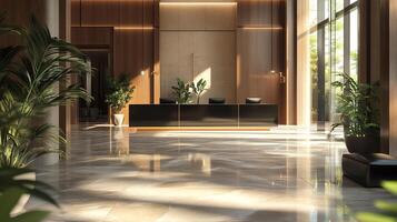 An inviting reception area with a sleek counter, lush indoor plants, and sunlit marble floors, creates a welcoming and sophisticated atmosphere. photo
