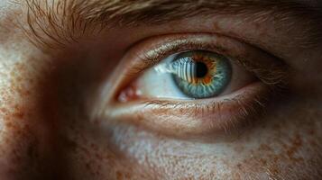 A detailed, close-up image showcases a vibrant human eye with striking color variations, set against skin with freckles, conveying depth and detail. photo