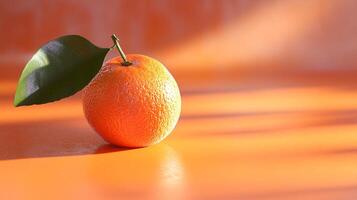 Vibrant orange with a green leaf, bathed in warm sunlight, creates a refreshing and inviting composition against a solid background. photo