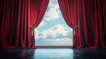 Dramatic red velvet curtains frame a window overlooking a cityscape beneath a cloudy sky, creating a theatrical and inviting atmosphere. photo