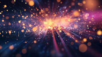 Exploding light particles create an abstract scene. The scene has a galaxy type feel. A vibrant blend of warm and cool tones. photo