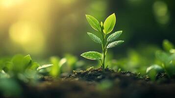 A vibrant green sprout emerges from the earth, illuminated by sunlight, symbolizing growth and renewal in a natural setting. photo