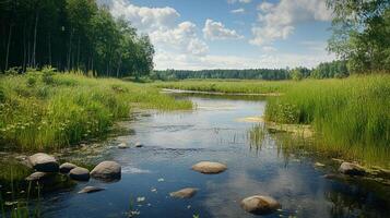 A serene river meanders through a lush, green landscape, reflecting the sky and clouds. Rocks dot the water, adding to the scene's tranquility. photo