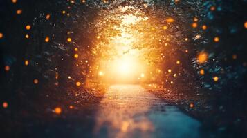 Mystical pathway with glowing orbs, leading to bright light, surrounded by trees, invoking wonder and magic in a beautiful woodland setting. photo