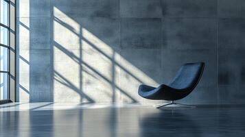 Sleek lounge chair in minimalist space, bathed in sunlight streaming through a large window, reflecting on the polished floor. photo