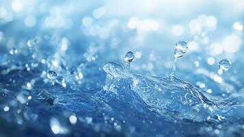 Liquid motion captured in a close-up view of water droplets spraying and splashing in a vibrant blue hue, creating a sense of dynamic energy. photo