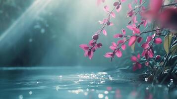 Sunlit pink blossoms reflect on water, creating a dreamy and serene atmosphere that evokes feelings of peace and natural beauty. photo