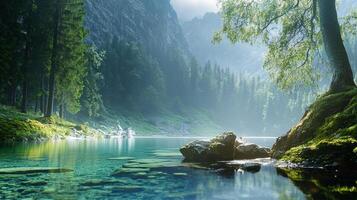Tranquil mountain lake, crystal clear waters reflecting verdant forest and majestic peaks, bathed in soft, ethereal light. Serene nature scene. photo